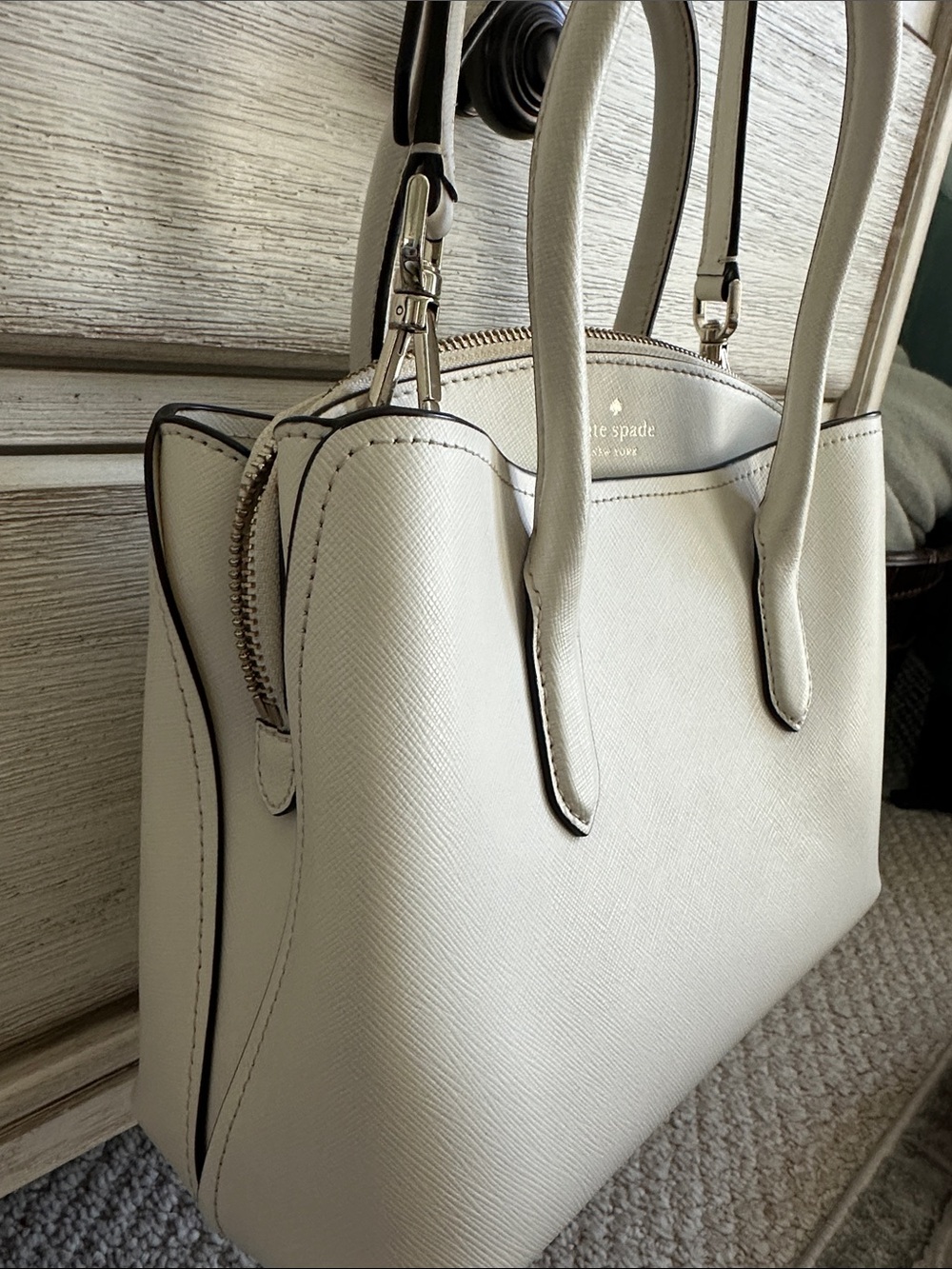 kate spade Cream Structured Leather Satchel with Top Handles - Picture 13 of 13